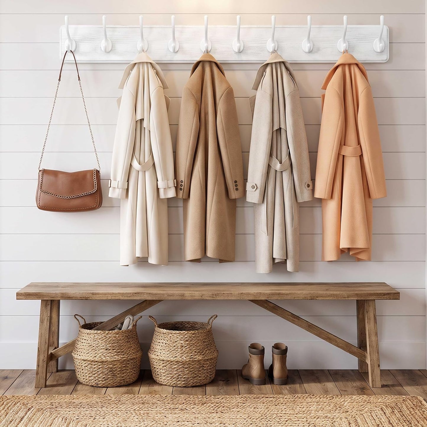 WEBI Coat Rack Wall Mount,10 Hooks,38 9/16" Long Coat Hooks Wall Mounted Large,16" Hole to Hole,Wood Coat Hanger