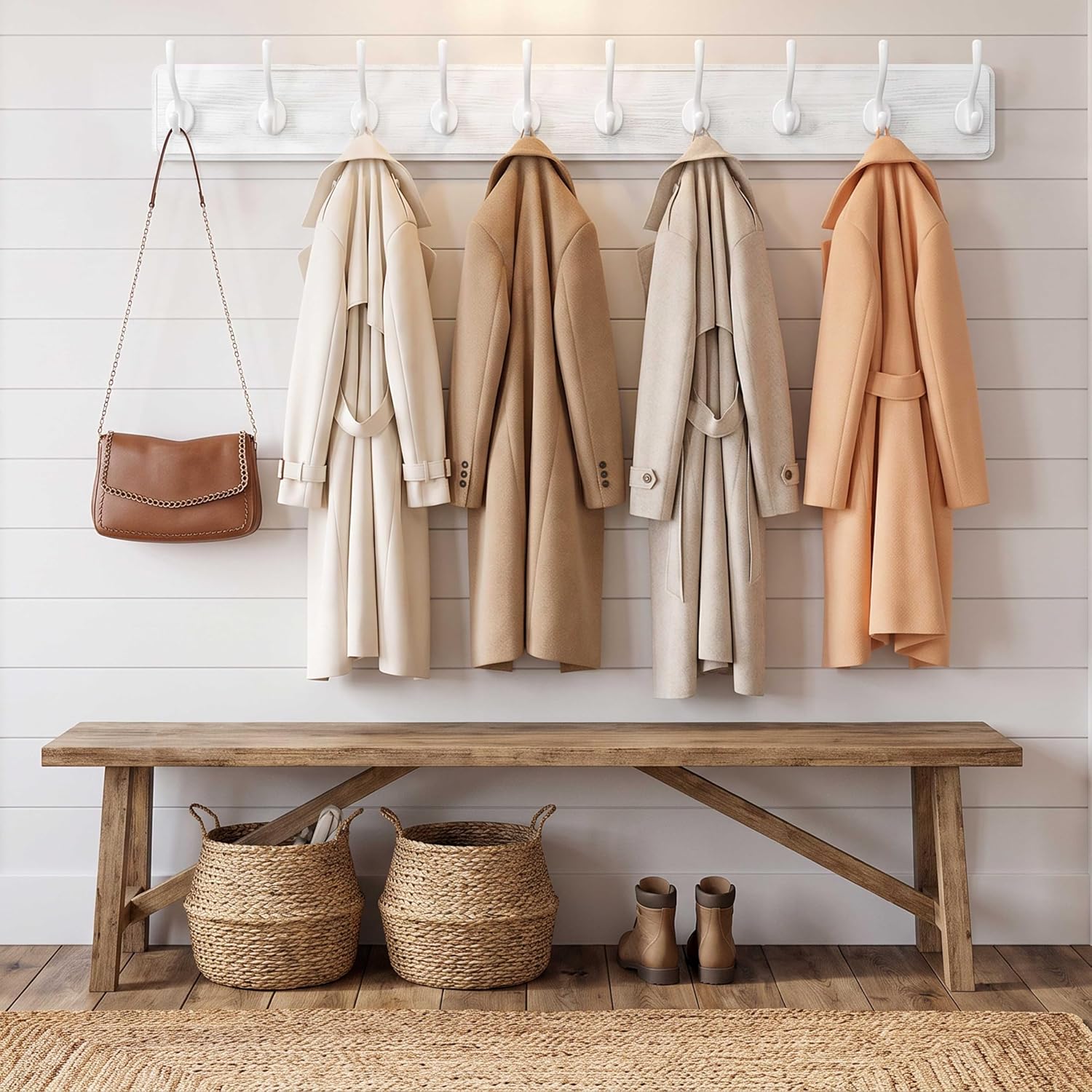 WEBI Coat Rack Wall Mount,10 Hooks,38 9/16" Long Coat Hooks Wall Mounted Large,16" Hole to Hole,Wood Coat Hanger