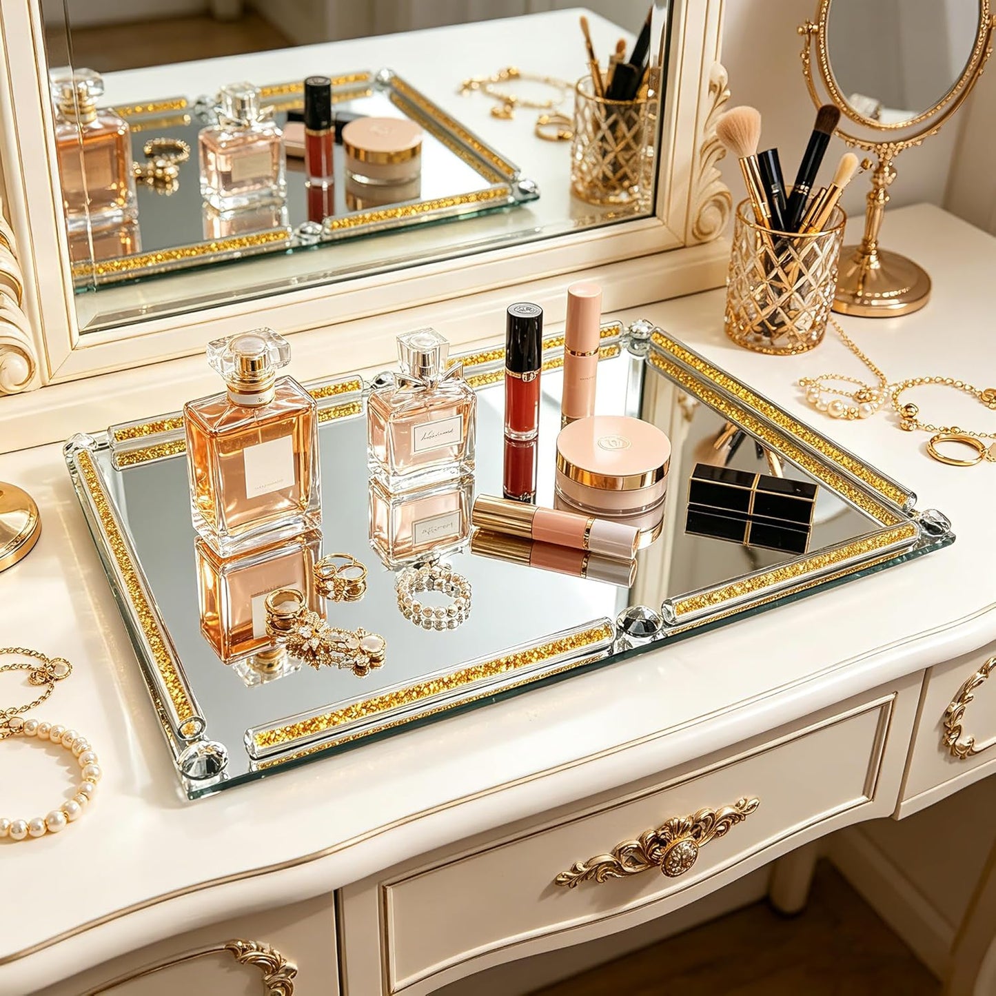 Crushed Diamond Filled Glass Vanity Tray / Gold / 15.7 x 11.8 x 1.4