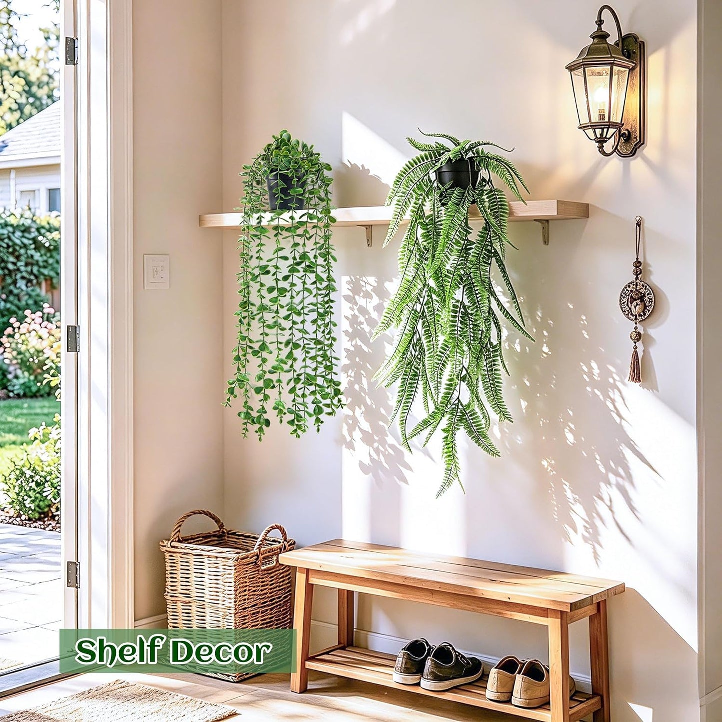 Fake Plants Hanging Artificial Ivy Vine Faux Eucalyptus Hanging / Black Pots- Green / Set of 4