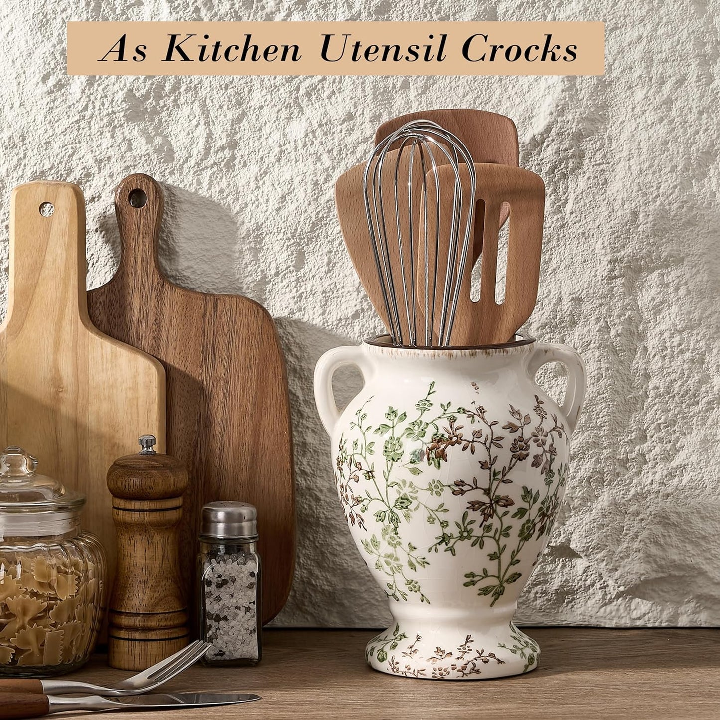 Rustic Ceramic Vase / Beige and Green- 7.78
