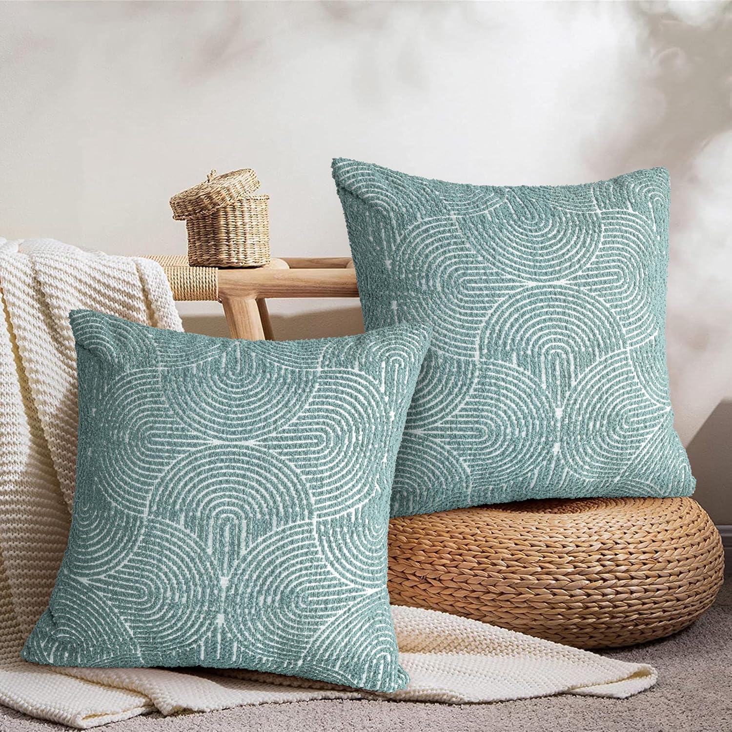 Boho Decorative Textured Throw Pillow Covers / Jade Green / 20 x 20 / Set of 2