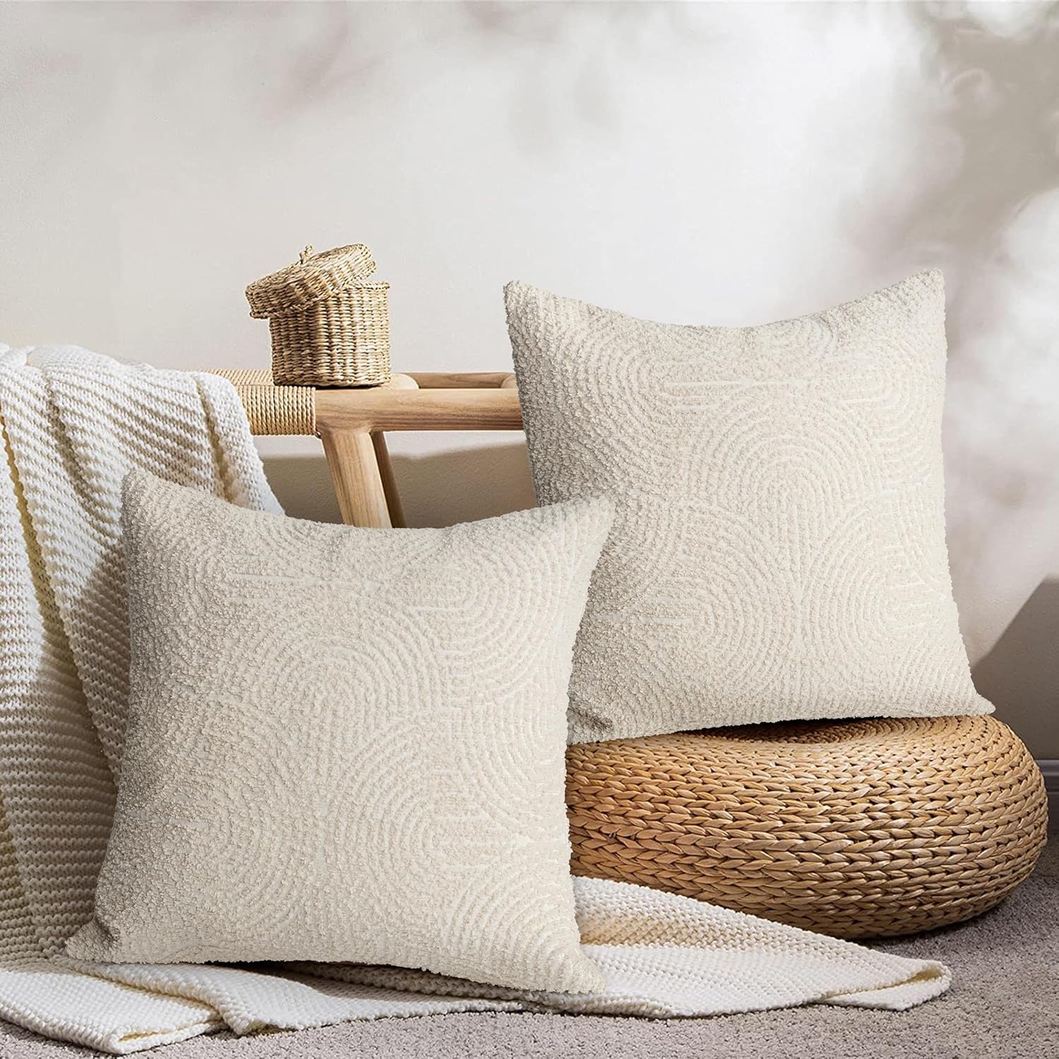 Boho Decorative Textured Throw Pillow Covers / Beige / 20 x 20 / Set of 2