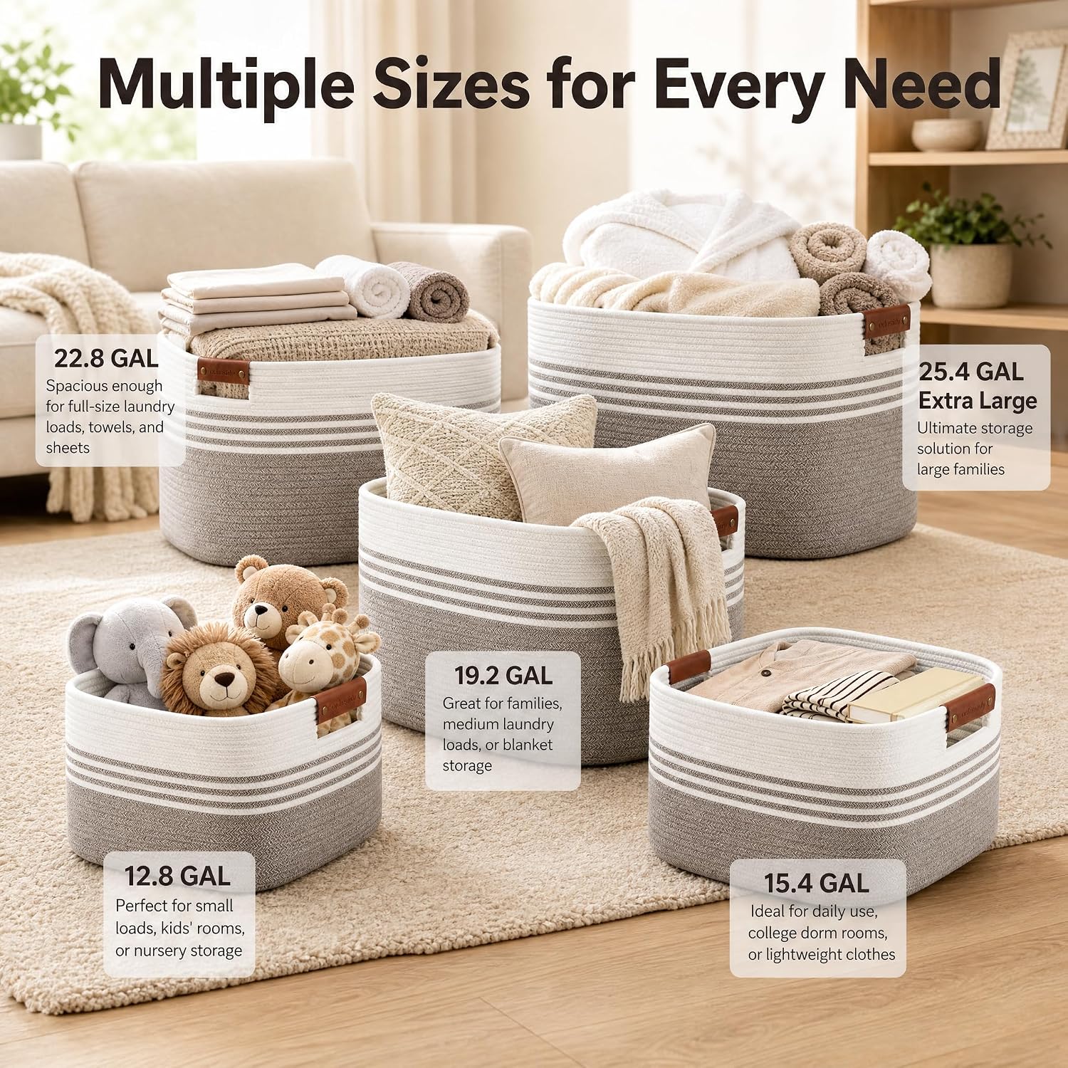 Collapsible Woven Storage Baskets / Whitebrown / 15.4GAL