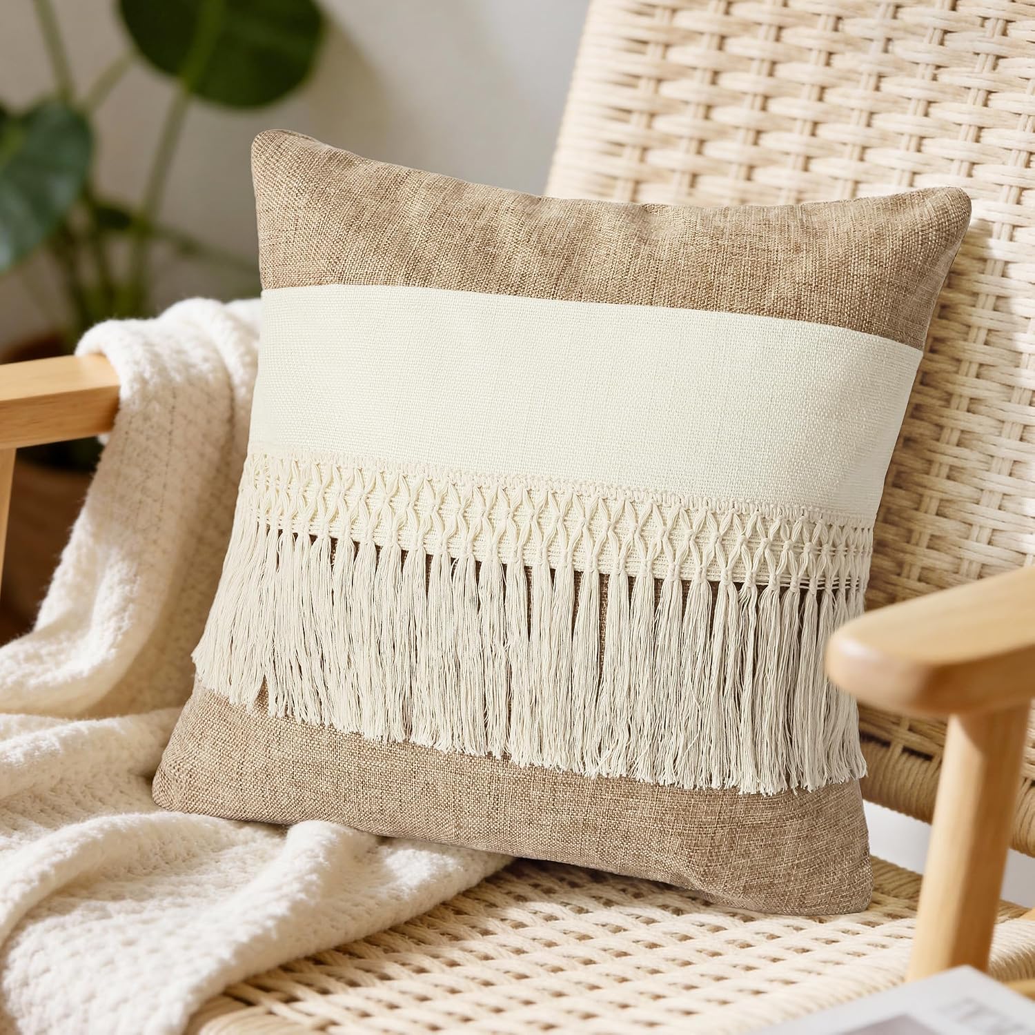 Boho Pillow Covers / Boho Long Fringe-khaki / 18 x 18 / Set of 2
