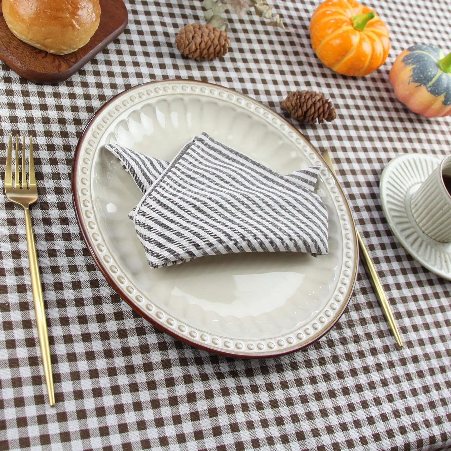 Plain Striped Cotton Linen Blended Dinner Cloth Napkins - Set of 12 (17 x 17 inches) - for Events & Home Use (Brown)