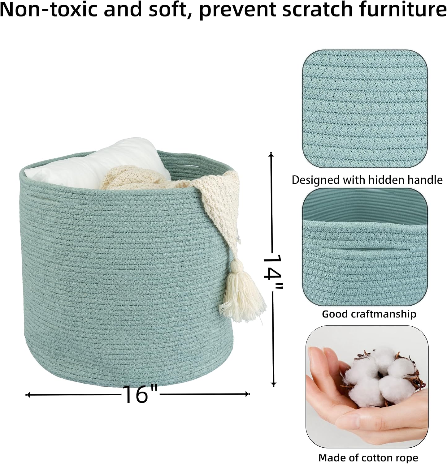 Cotton Rope Basket For Girls Boys Kids " Baby Laundry Baskets Nursery Bin Round / Green / 16 x 14
