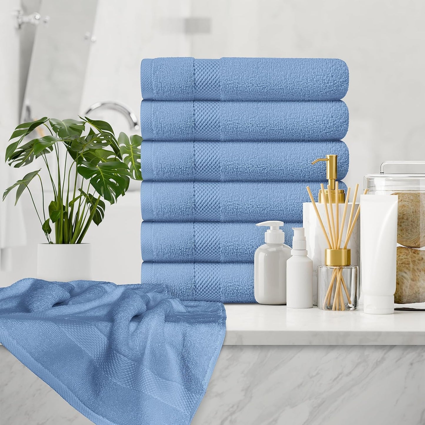White Classic Luxury Light Blue Hand Towels - Soft 100% Turkish Cotton | Highly Absorbent Hotel spa Bathroom Towel