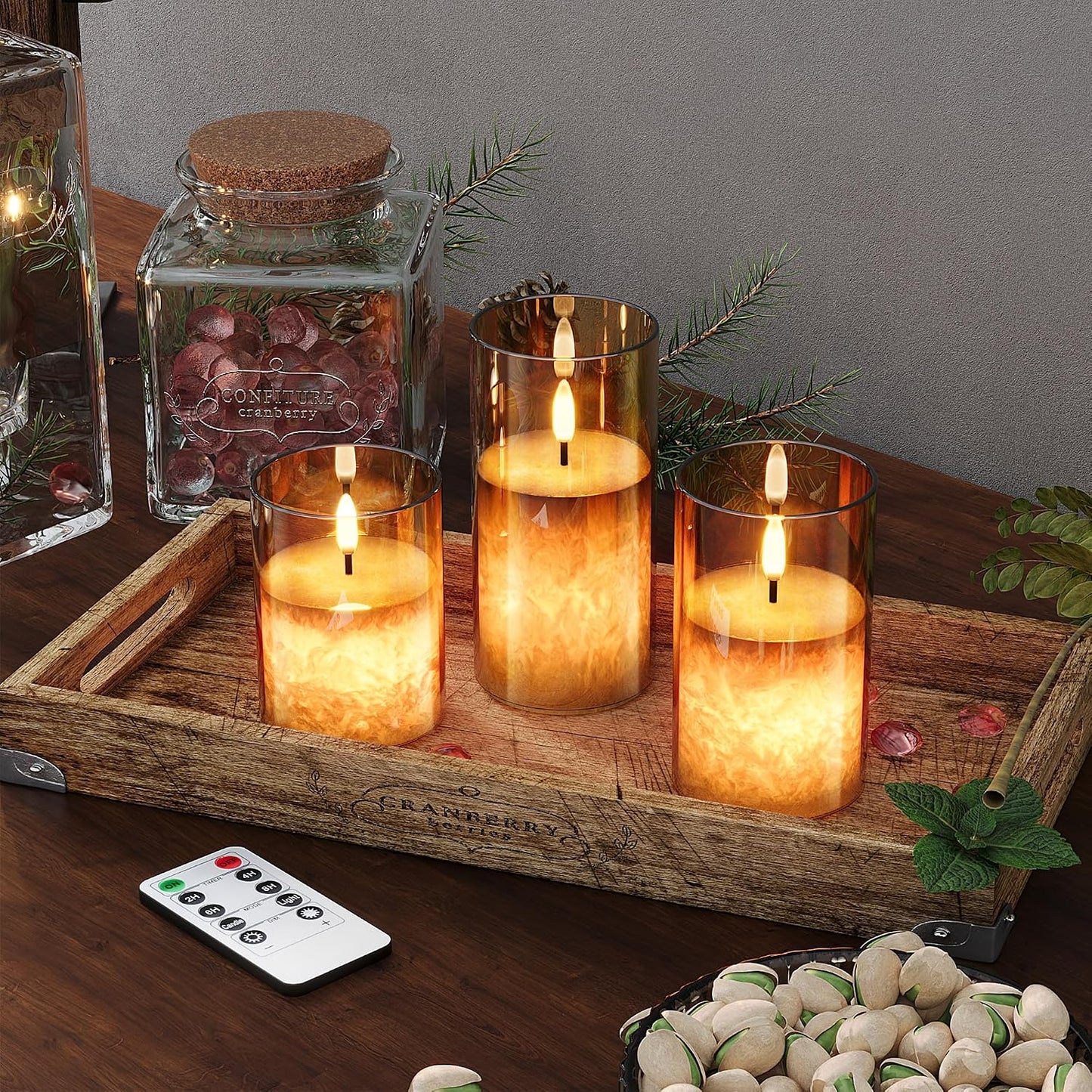 Battery Operated Flameless Candles with Remote & Timer, Gold Glass 3Pack | Real Wax Crystal Texture, D3×H4/5/6"