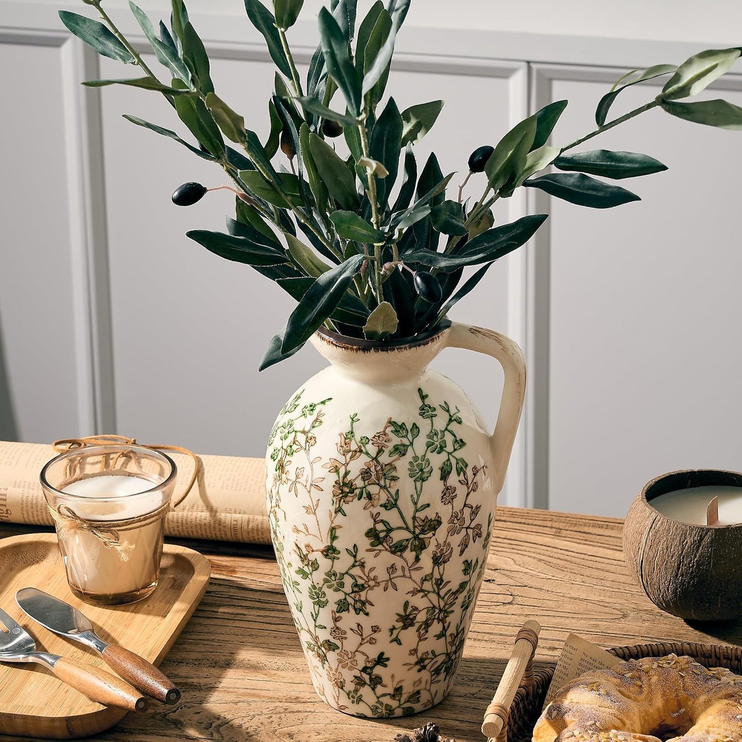 Rustic Ceramic Vase / Green and Beige- 8.9 / 8.9 Inch