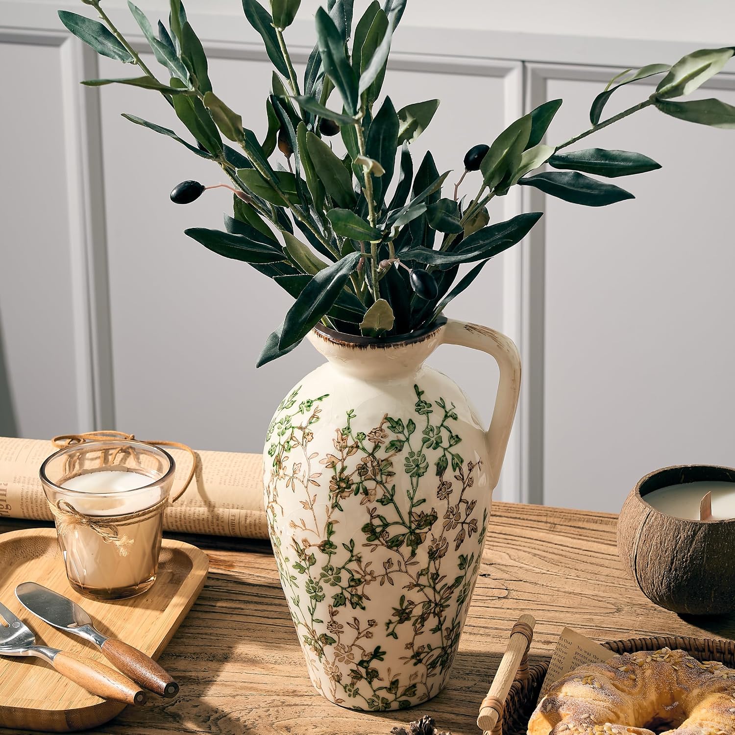 Rustic Ceramic Vase / Green and Beige- 8.9 / 8.9 Inch