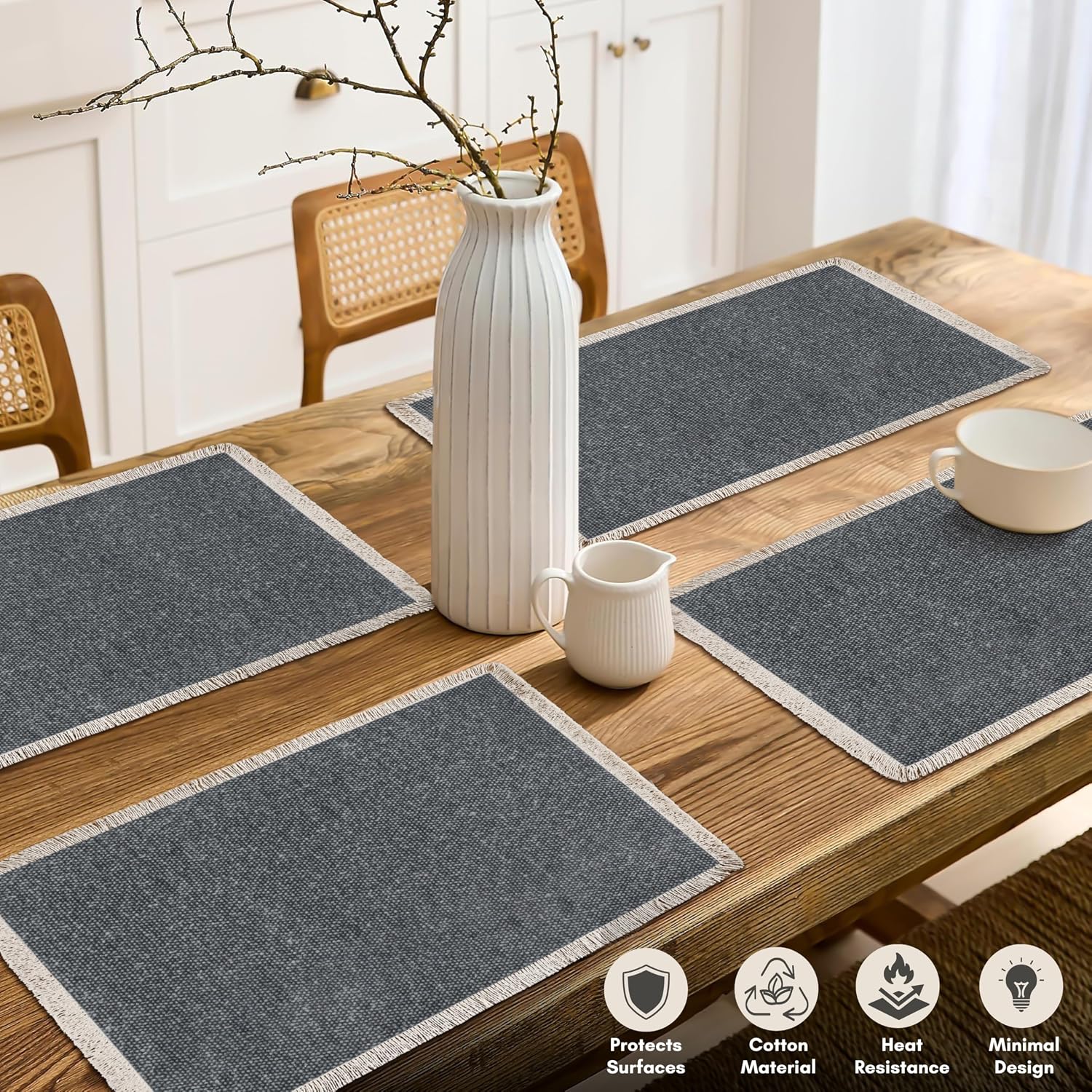 Hausattire Cotton Frayed Placemats Set of 6 Dining Table 13x19 Inch | Rustic Boho Washable Easter Placemat for Outdoor