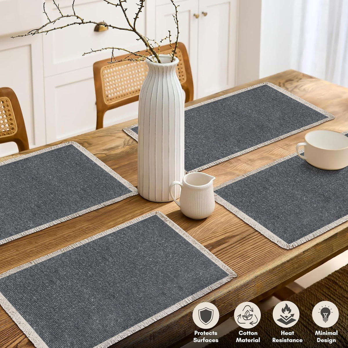 Hausattire Cotton Frayed Placemats Set of 4 Dining Table 13x19 Inch | Rustic Boho Washable Easter Placemat for Outdoor
