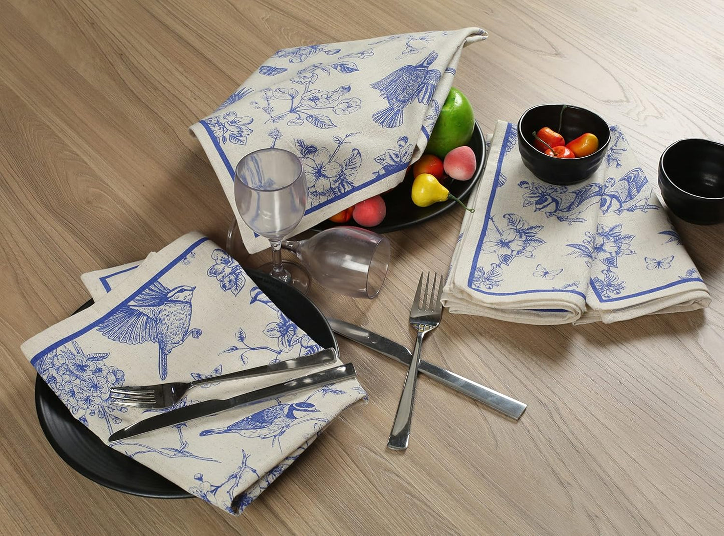 FINGERCRAFT Cloth Napkins Set of 12 Cotton Linen, 20x20 Inch, Toile | Mitered corner, washable, soft, absorbent, floral
