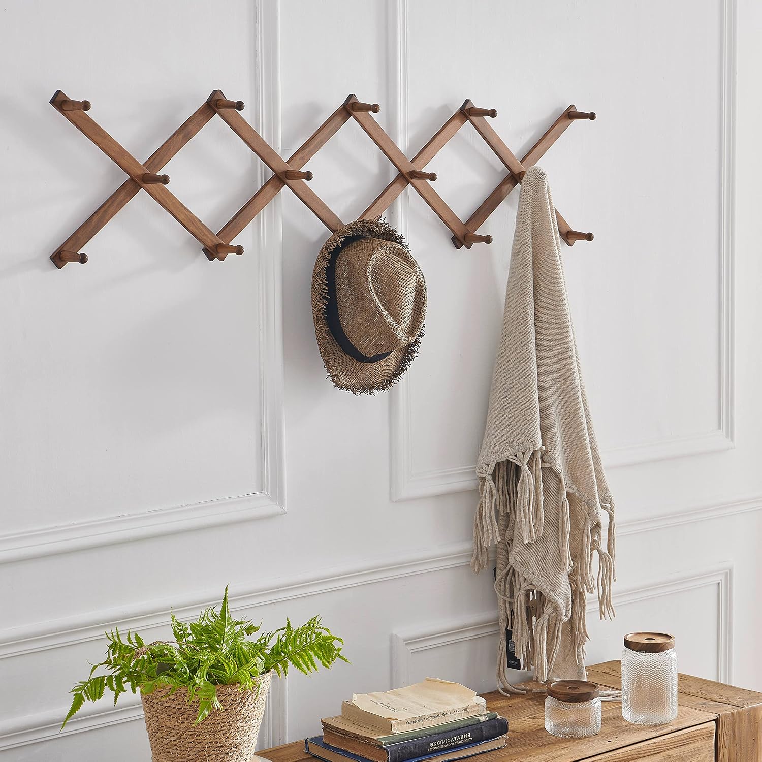 SKOLOO Hat Rack for Wall with 14 Hooks, Pack of 2, Solid Wooden, Modern, Expandable Coat Rack Wall Mount for Coats