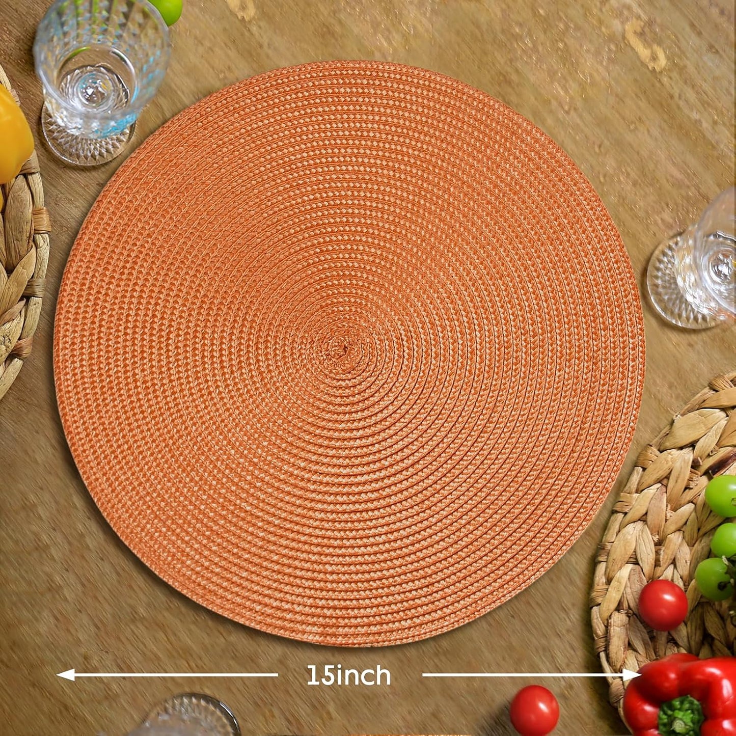 FunWheat Round Braided Placemats Set of 8 Table Mats for Dining Tables Woven Washable Non-Slip Place mats 15