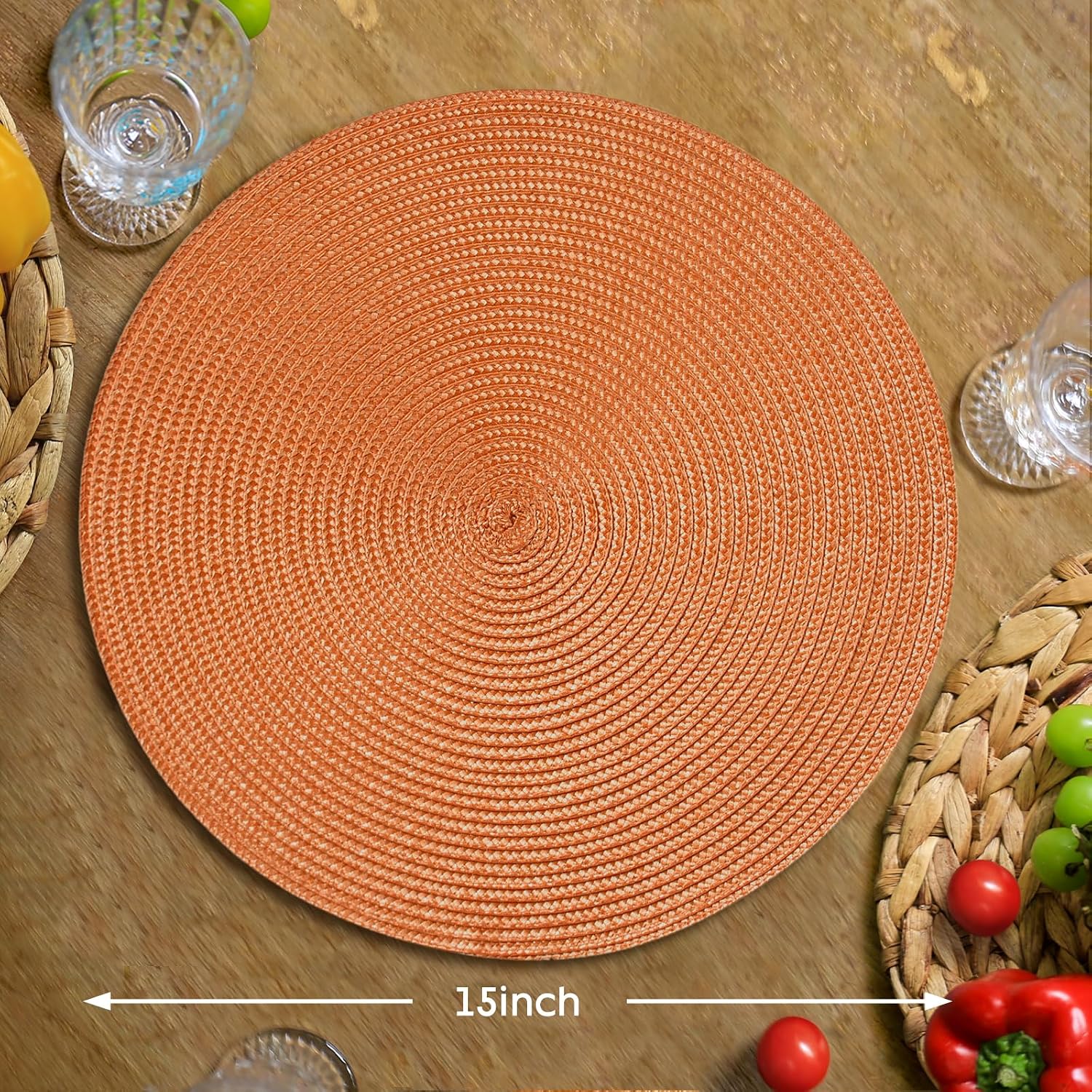 FunWheat Round Braided Placemats Set of 8 Table Mats for Dining Tables Woven Washable Non-Slip Place mats 15