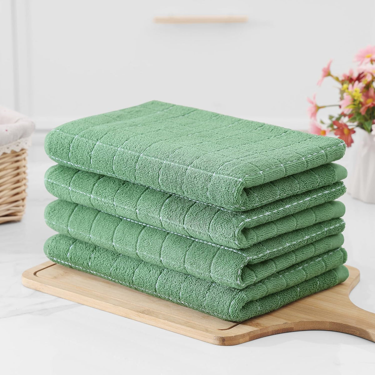 Homaxy 100% Cotton Terry Kitchen Towels, Large 8 Pack, Grass Green | Ultra Soft and Absorbent Dish Towels for Kitchen