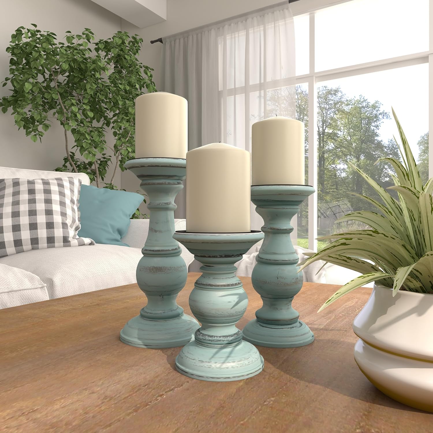 Deco 79 Mango Wood Decorative Candle Holder Distressed Turned Pillar Candle Stand, Set of 3 Candlestick Holder 6", 8"