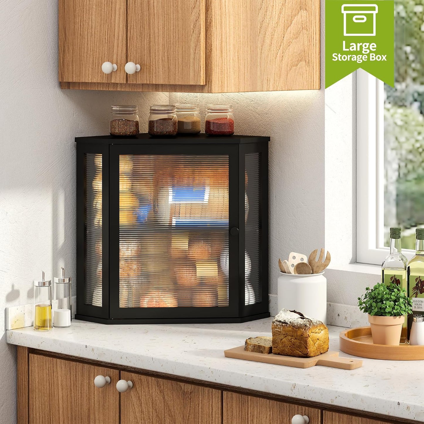 BMOSU Corner Bread Box for Kitchen Countertop Double Layer Bamboo Wooden Bread box Large Capacity Bread Storage