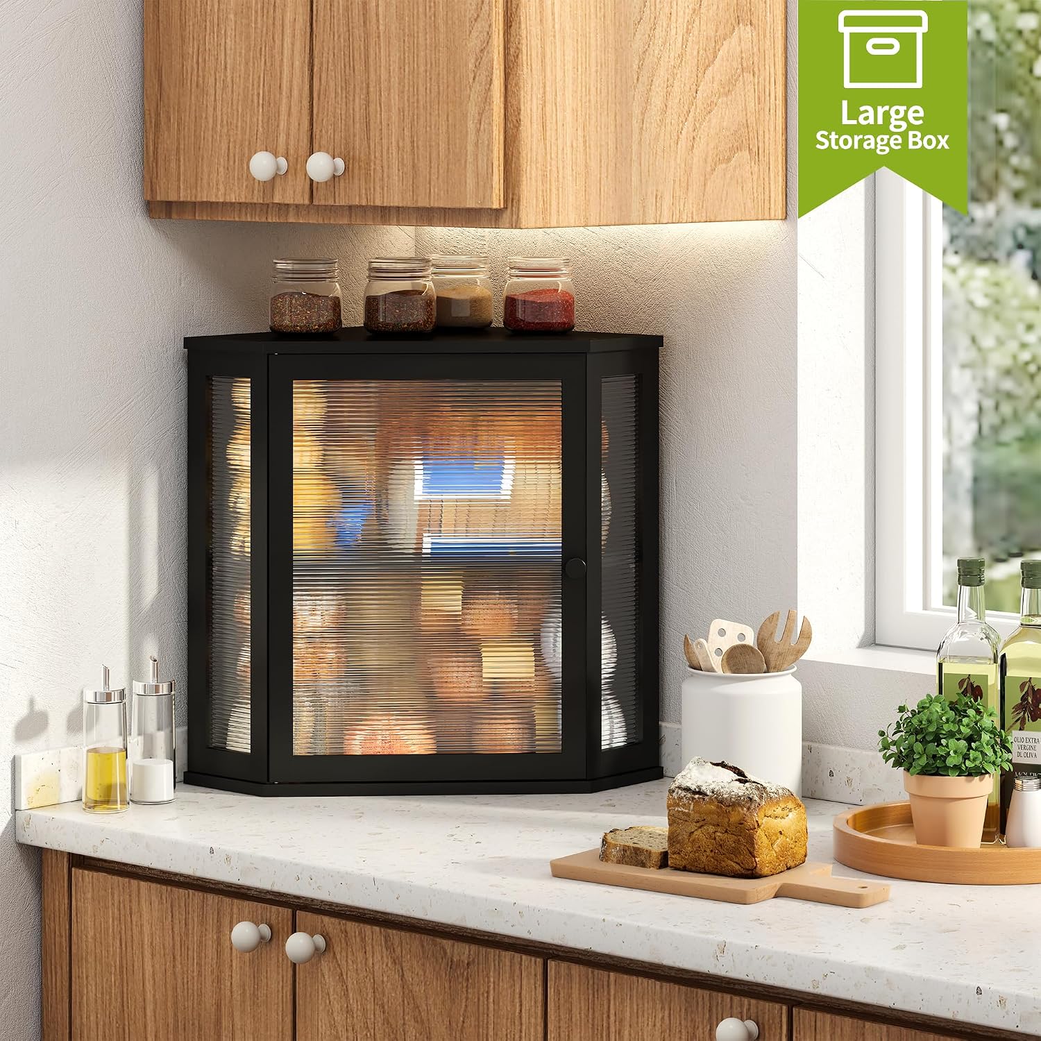 BMOSU Corner Bread Box for Kitchen Countertop Double Layer Bamboo Wooden Bread box Large Capacity Bread Storage