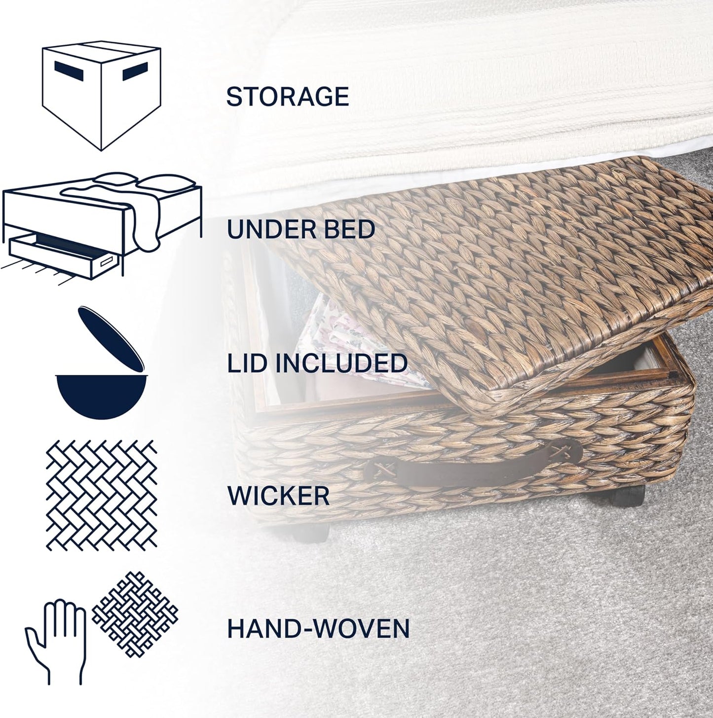 BSK1006B 26.38" Chett Minimalist Hand-Woven Hyacinth/Wood Underbed Storage Bin / Brown Wash
