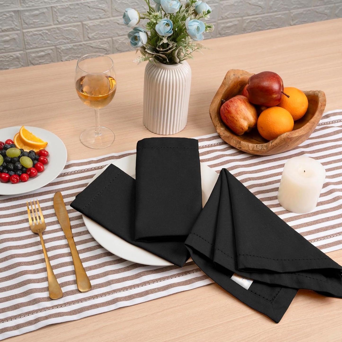 Blue Needles Set of 12 Hemstitch Linen Napkins 100% Cotton Black Cloth Dinner Napkins 18x18 inches, Soft, Reusable