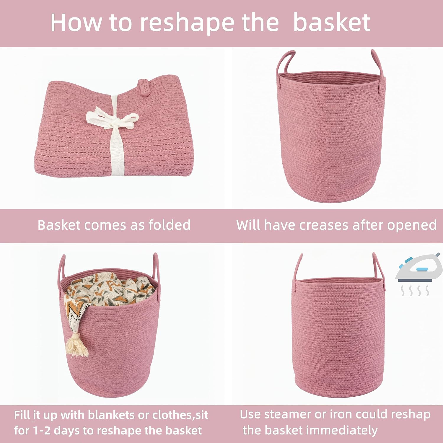 Cotton Rope Laundry Basket Hamper for Clothes Woven Storage Basket / Grape Purple / Regular