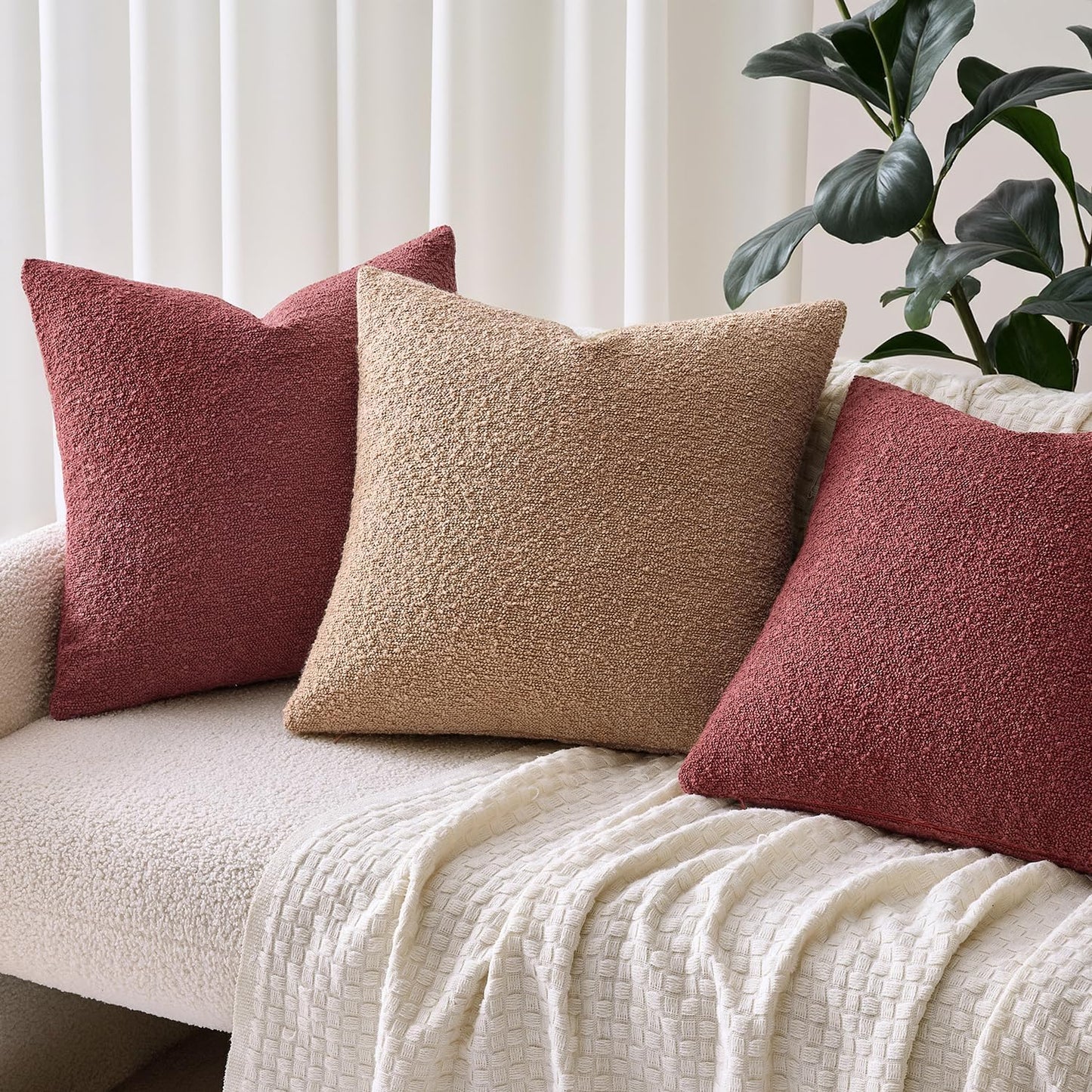Decorative Boucle Throw Pillow Covers Textured Square Pillowcaes / 18 x 18 / Burgundy / Set of 2