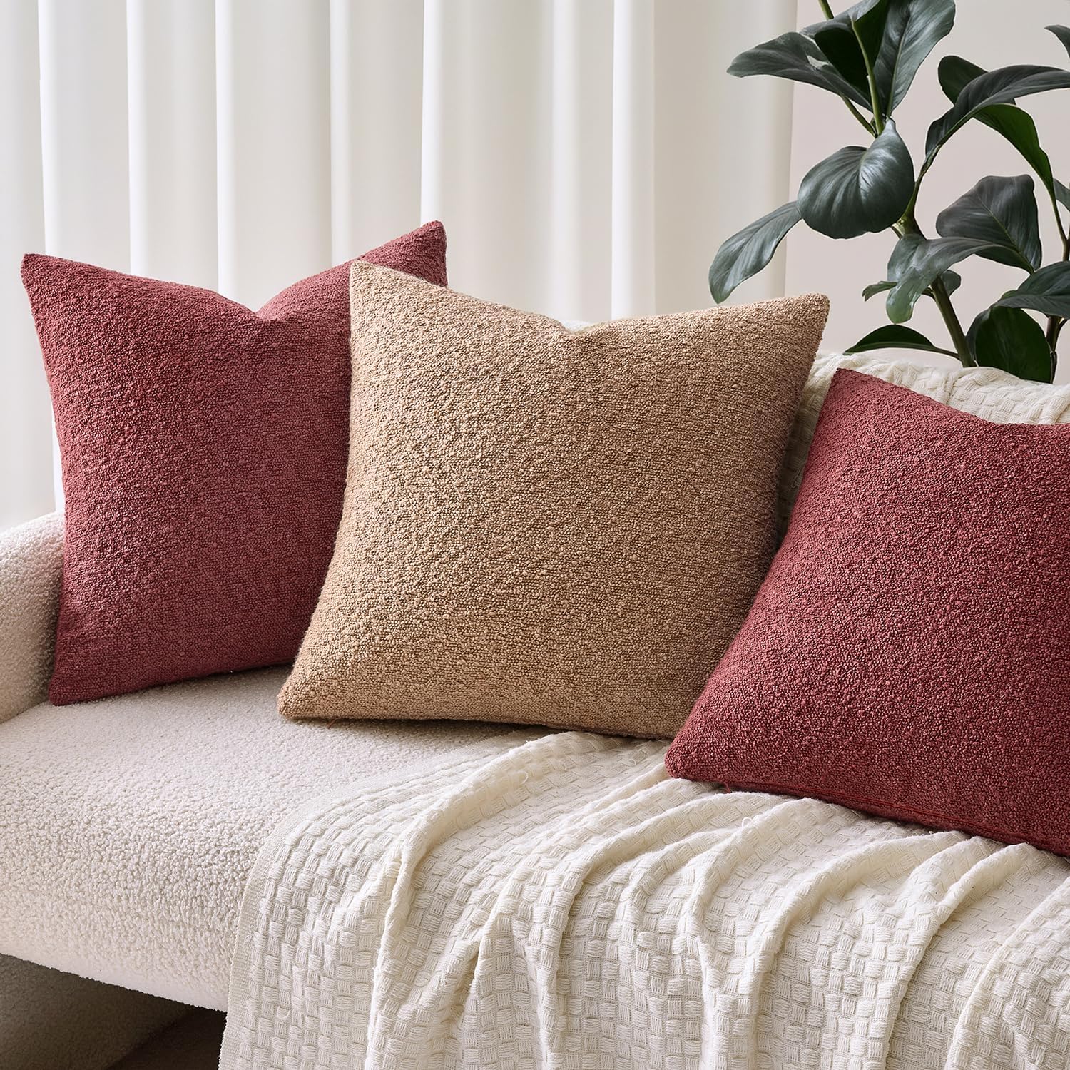 Decorative Boucle Throw Pillow Covers Textured Square Pillowcaes / 18 x 18 / Burgundy / Set of 2