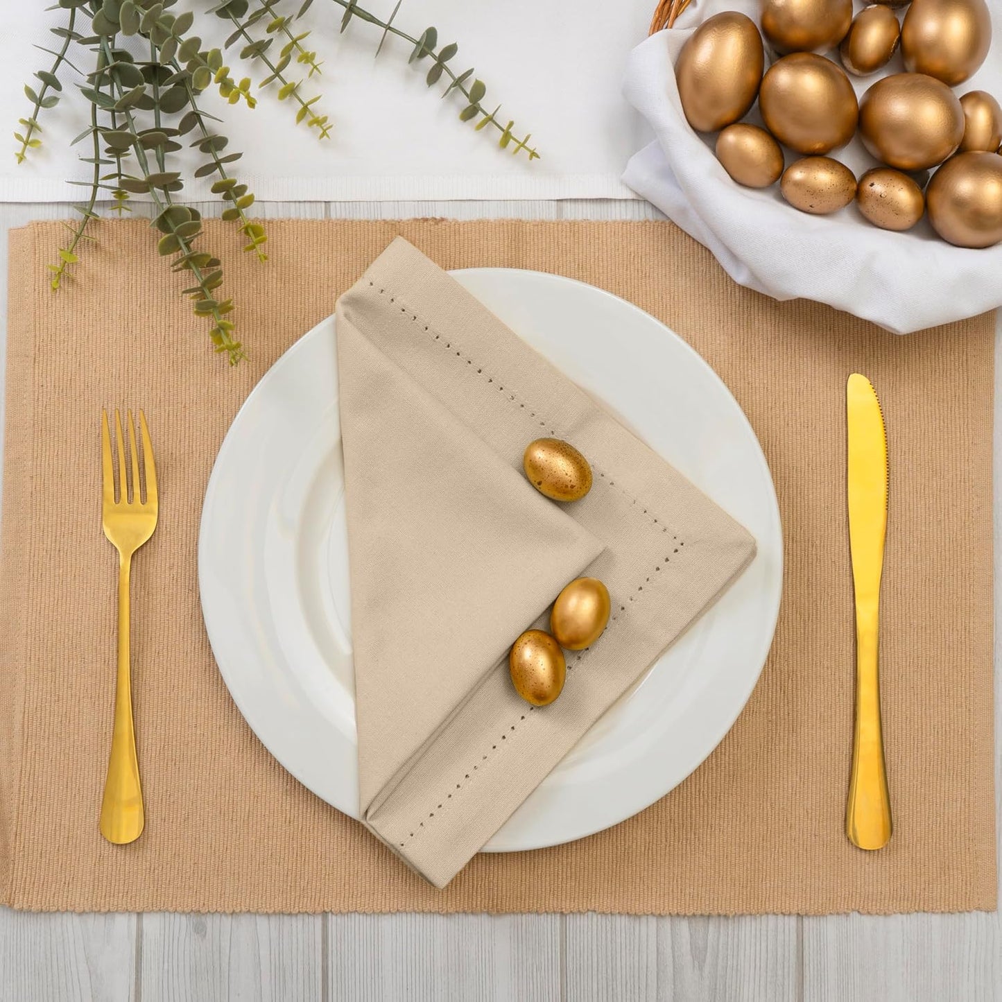 Blue Needles Set of 12 Hemstitch Linen Napkins 100% Cotton Beige Cloth Dinner Napkins 18x18 inches - Spring Summer