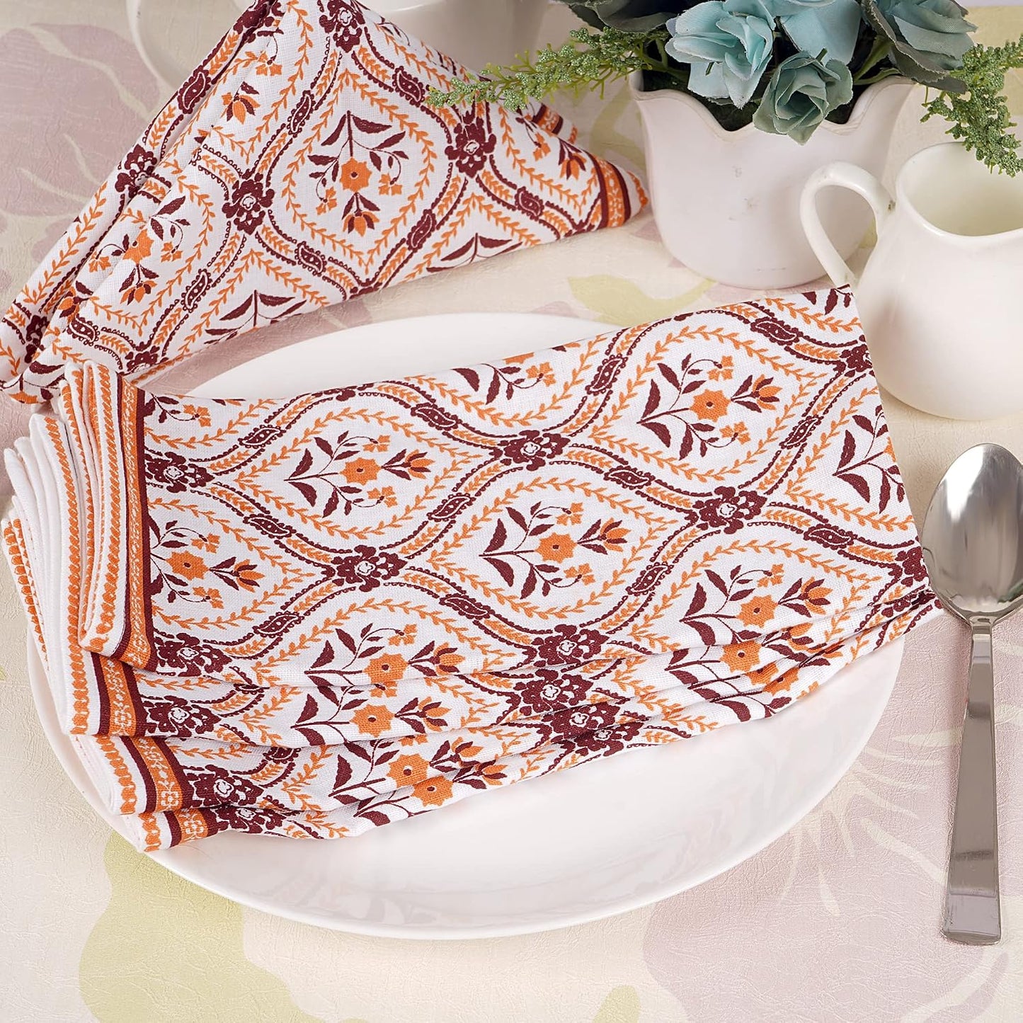 FINGERCRAFT Cloth Napkins Set of 12 Cotton Linen, 20x20 in, Damask Orange | Mitered corner, washable, soft, absorbent