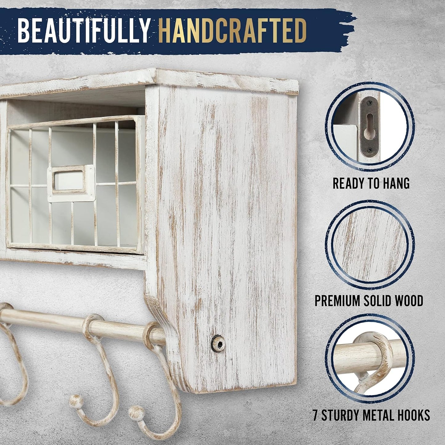 HBCY Creations Wall Mounted Shelf with Coat Hooks and Baskets, Solid Wood Entryway Organizer Wall Shelf with Hooks