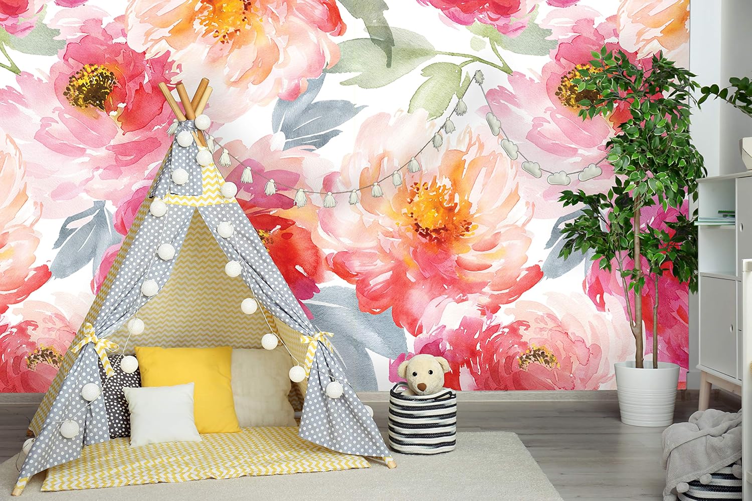 Self Adhesive Watercolor Flowers Wallpaper / 24"W x 72"H Inches