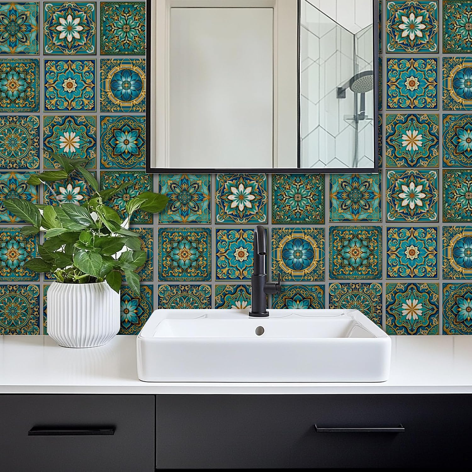 9 Style Retro Style Tile Stickers Turquoise Peel and Stick Wall Tile / Turquoise Color / Set of 36