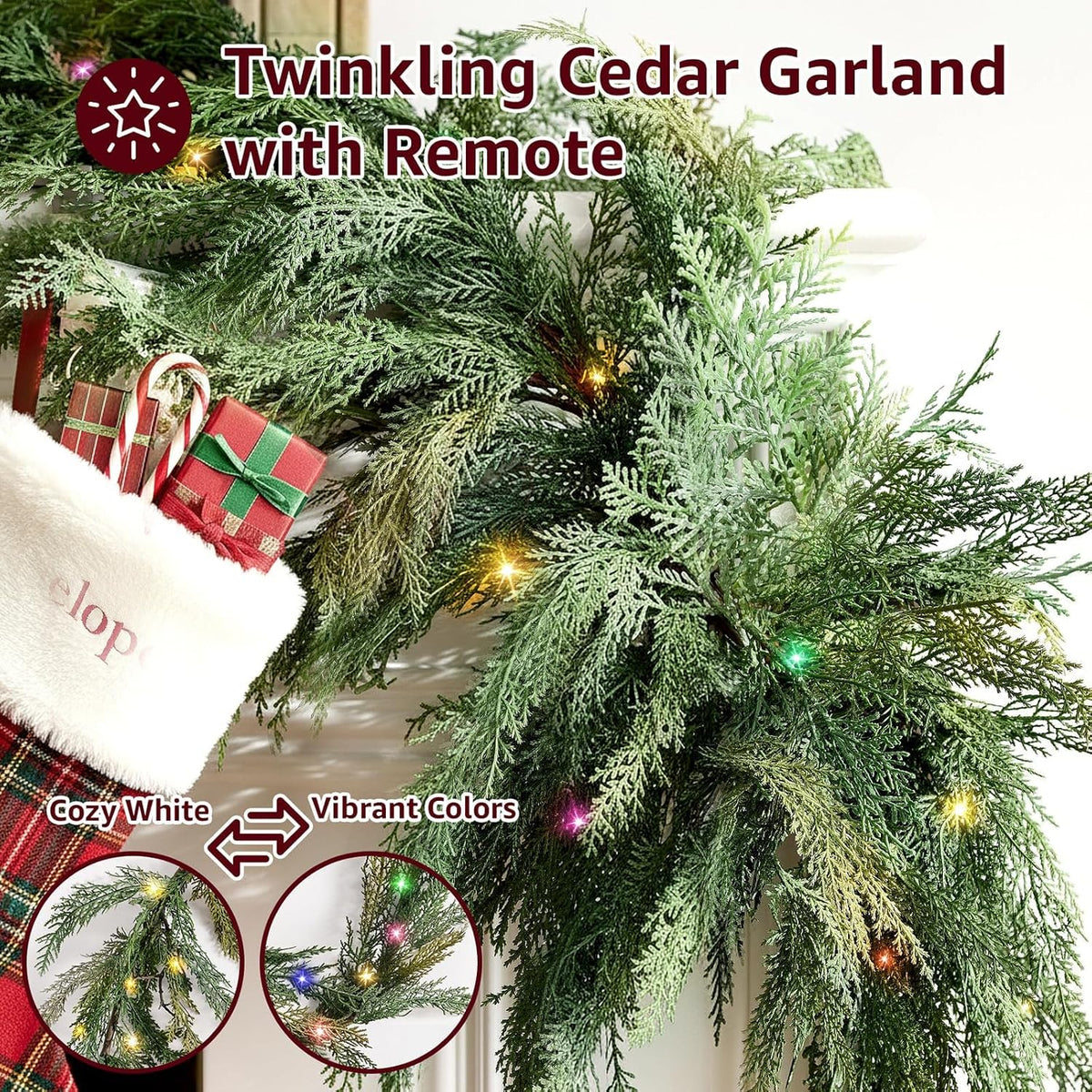 Christmas Cedar Garland Realistic with Lights - Cypress Decorations 9ft for Mantle Lighted Faux Pine Garlands for Xmas