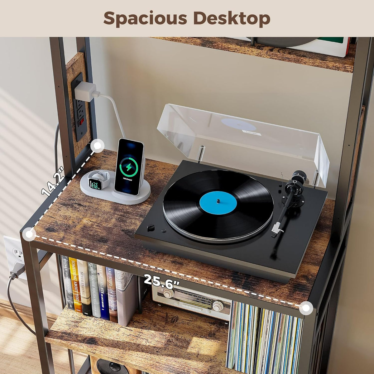 IRONCK Record Player Stand with Storage, Turntable Stand for Living Room | 2-Tier Vinyl Record Shelf with Charge