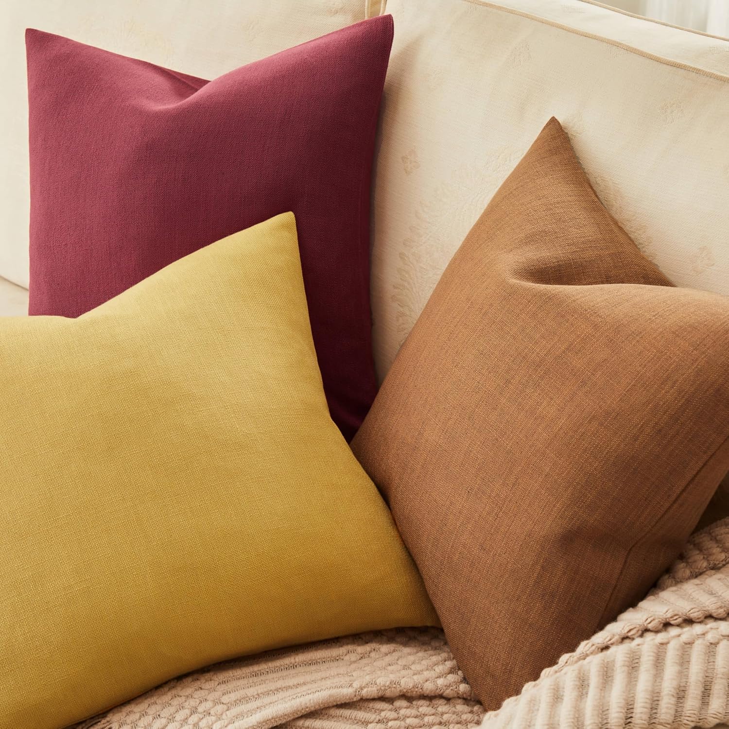 Rustic Cotton Linen Throw Pillow Covers / Caramel / 16 x 16 / Set of 2