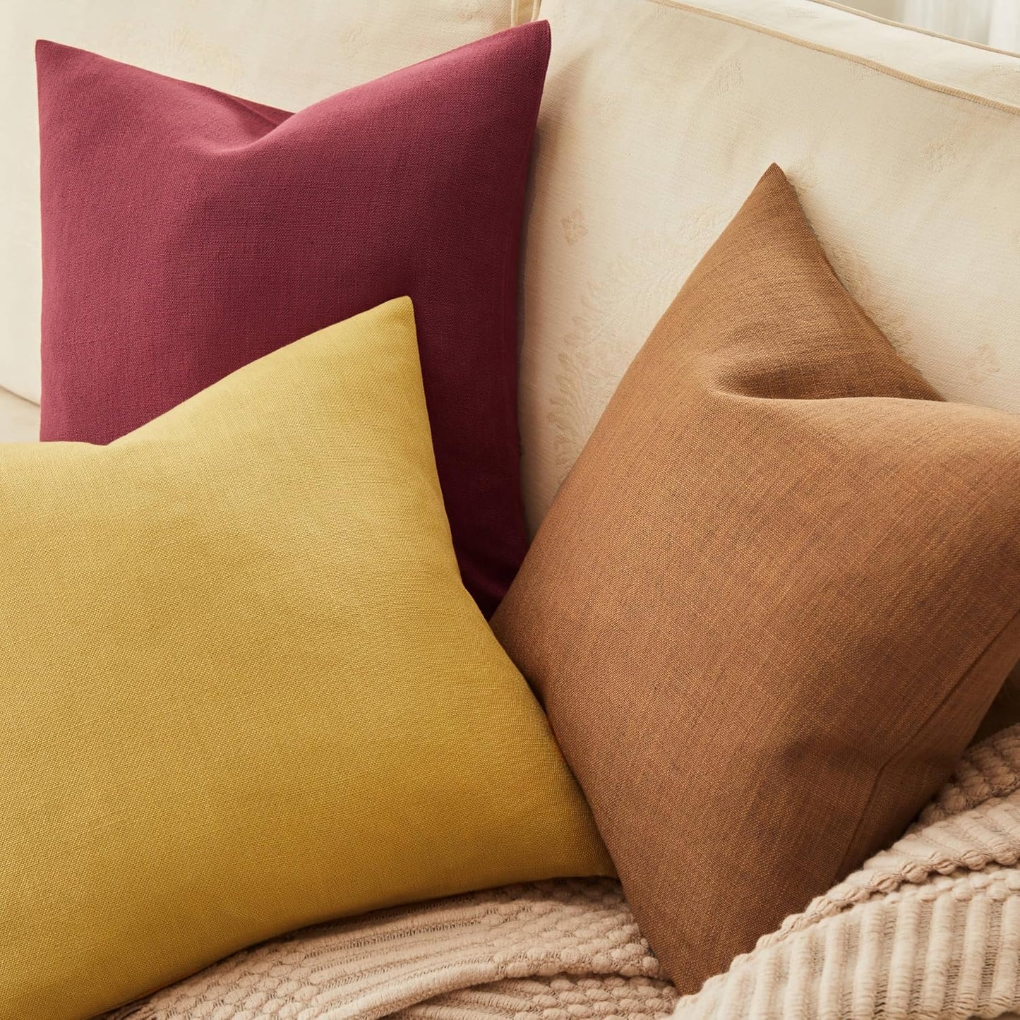 Rustic Cotton Linen Throw Pillow Covers / Burgundy / 18 x 18 / Set of 2