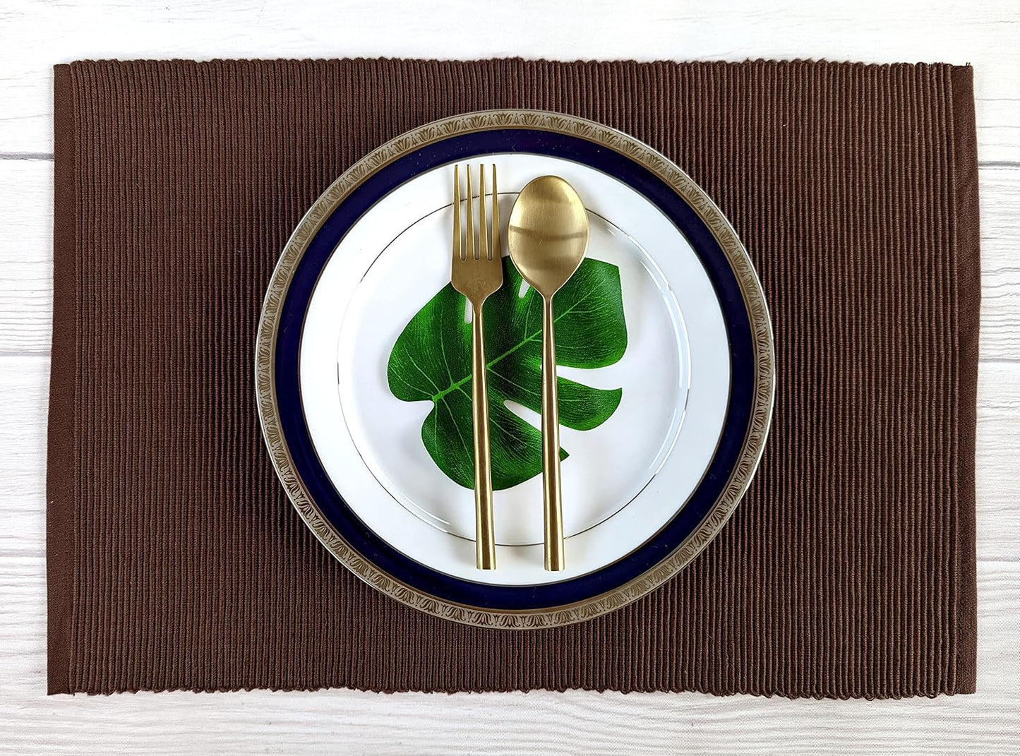 100% Cotton Ribbed Placemats - Set of 8-13 x 19 Inches - Brown - Everyday/Thanksgiving/Fall Cloth Table Mats - Thick