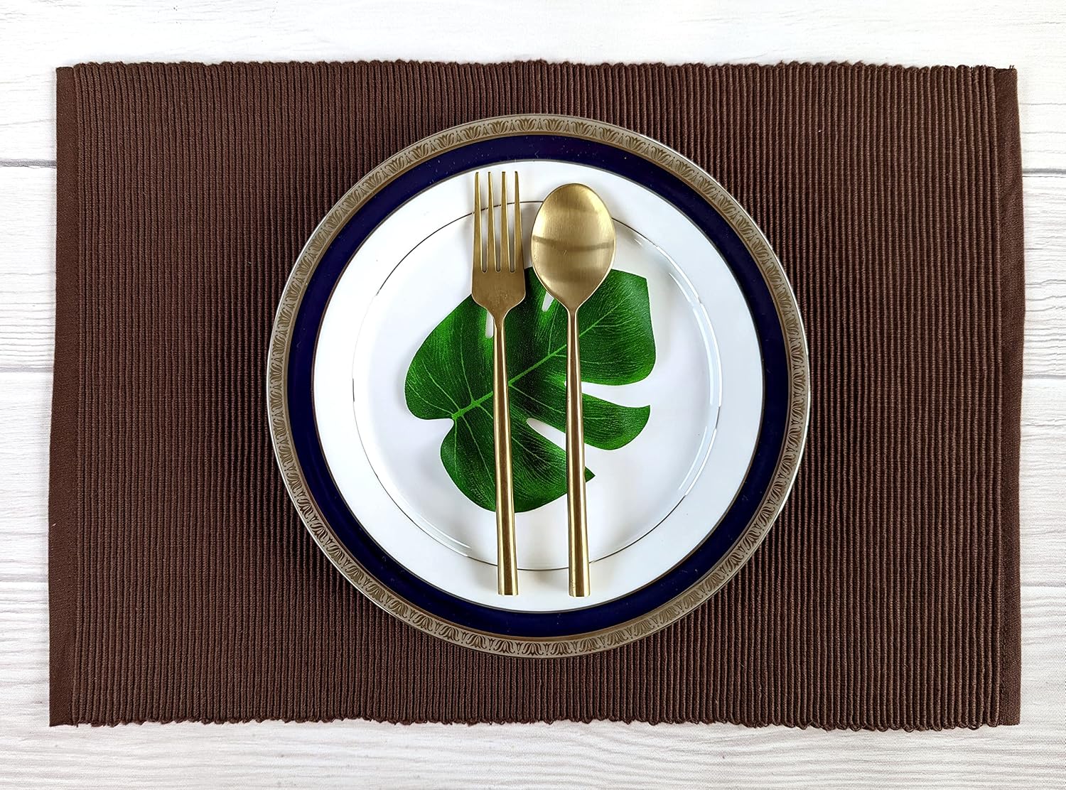 100% Cotton Ribbed Placemats - Set of 4-13 x 19 Inches - Brown - Everyday/Thanksgiving/Fall Cloth Table Mats - Thick