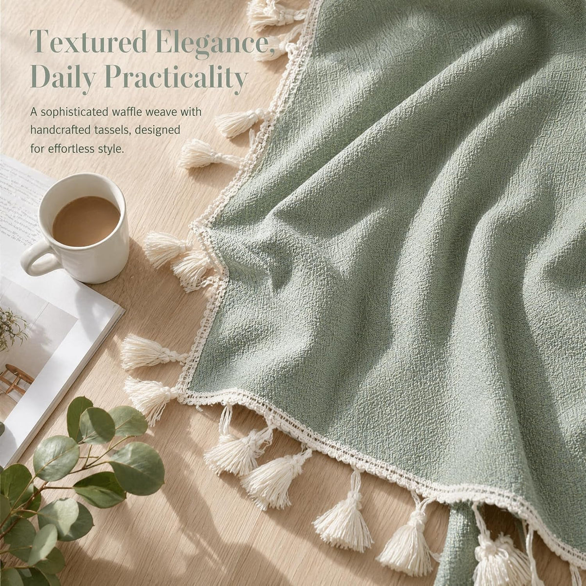 Sage Green Tablecloth for Rectangle Tables - 55x86 Inch Linen Textured Farmhouse Waffle Weave Table Cloth with Tassel