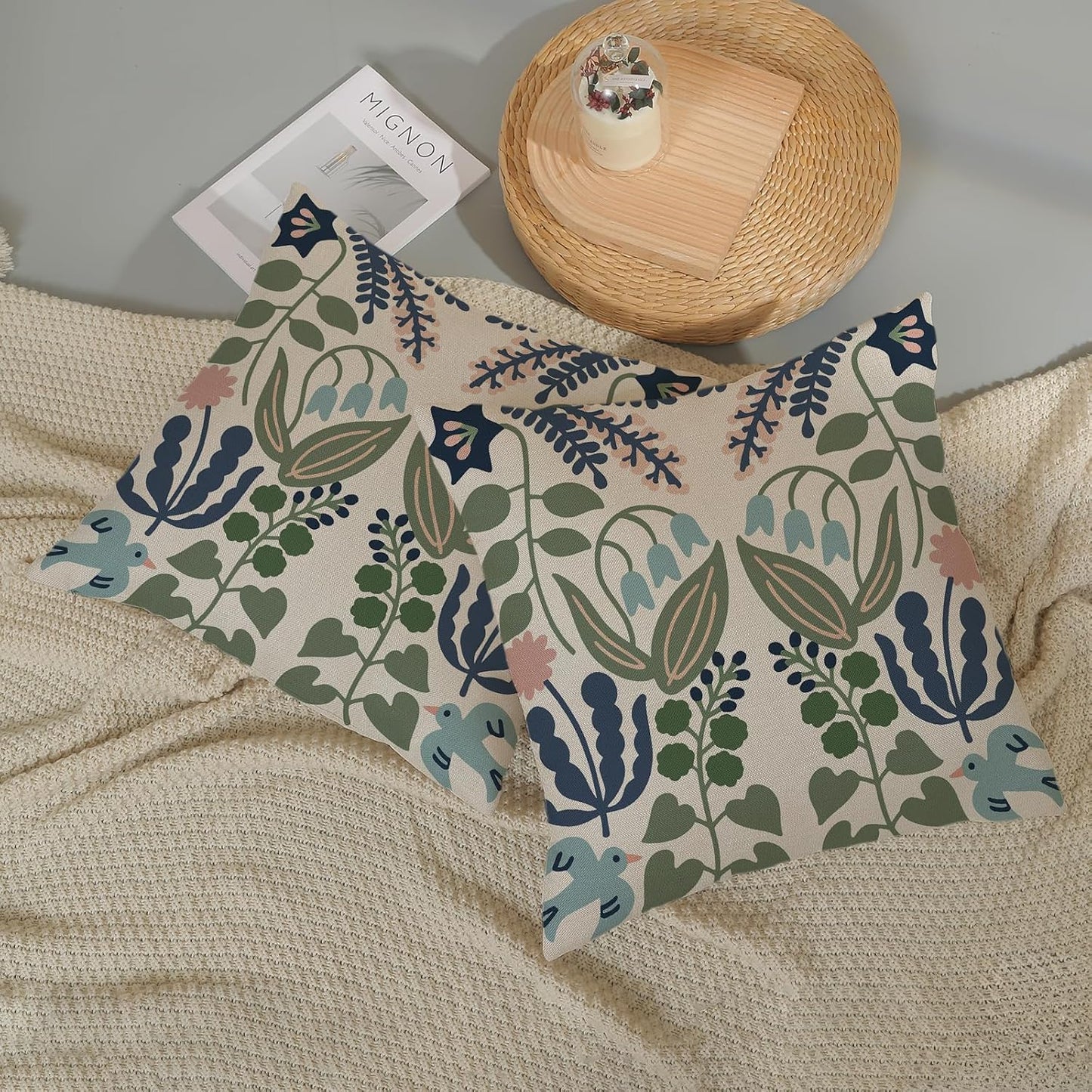 Navy Blue Boho Pillow Covers Sage Green Floral Decor / 18 x 18 / Blue Green Boho Floral / Set of 2