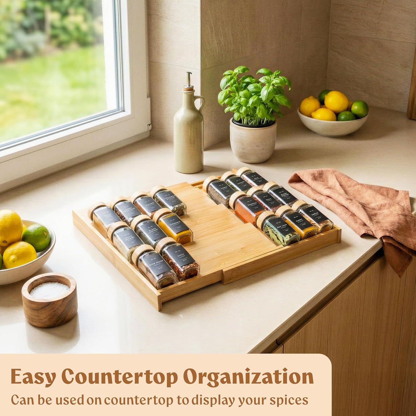 Bamboo Spice Drawer Organizer - Expandable 4 Tier Spice Rack (Need 3" Deep Drawer) 12" to 24" Wide, Seasoning