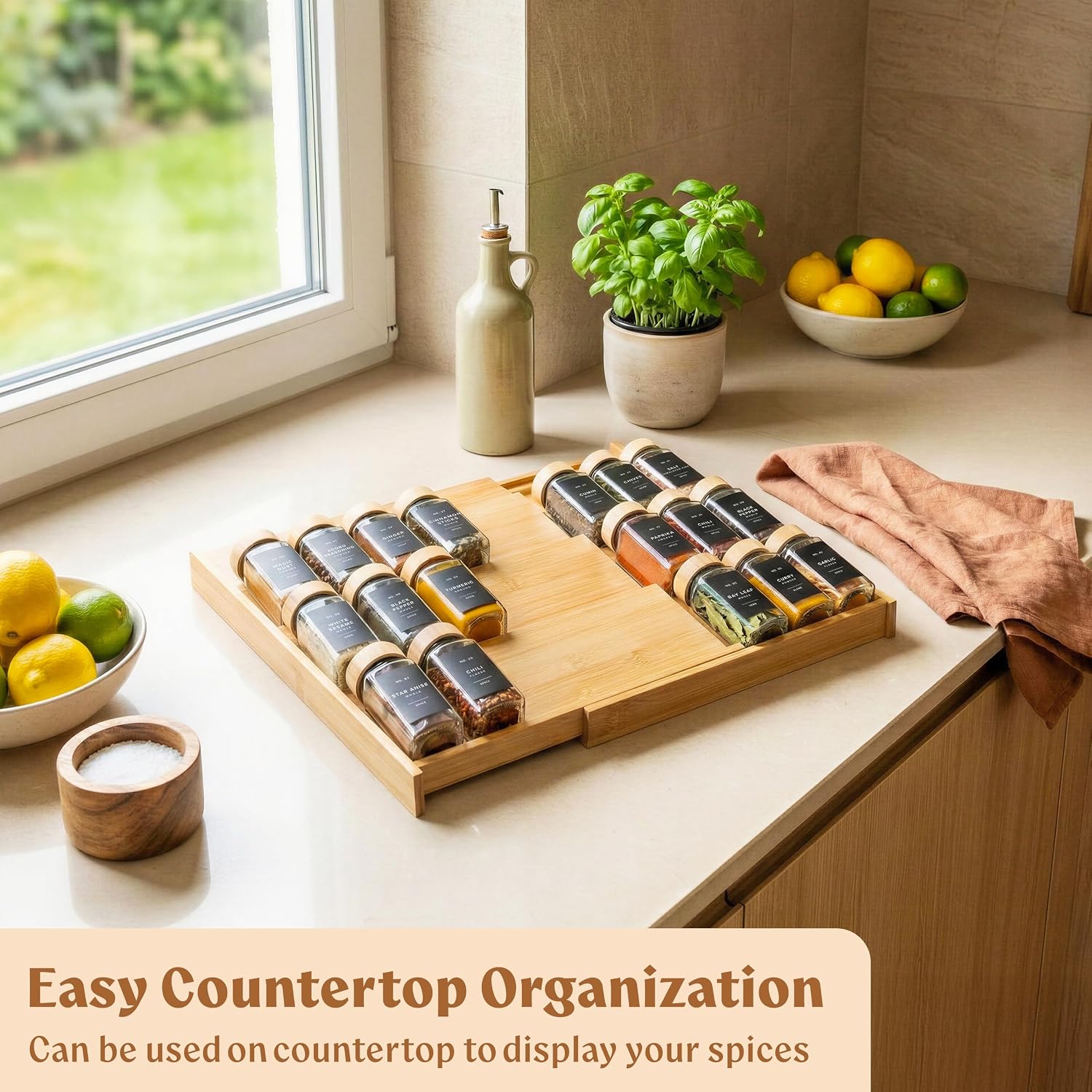 Bamboo Spice Drawer Organizer - Expandable 4 Tier Spice Rack (Need 3" Deep Drawer) 12" to 24" Wide, Seasoning