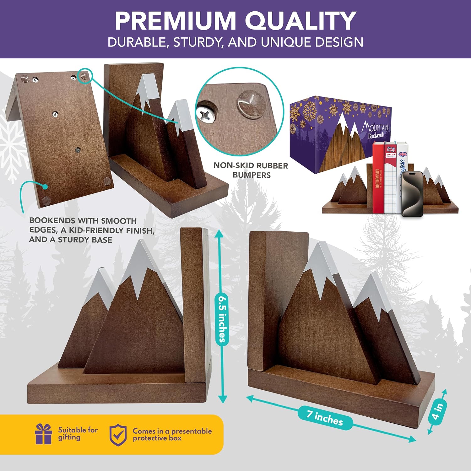 Non-Skid Wooden Mountain Bookends for Kids