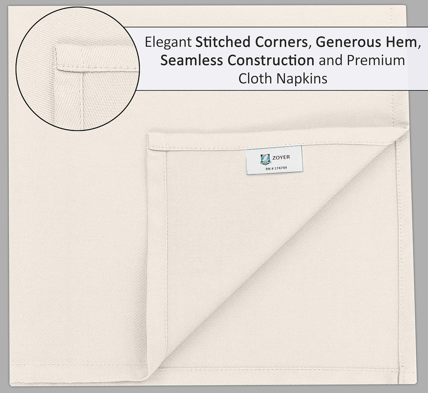 Zoyer Cloth Napkins Set of 12, Cotton Enrich 18”x18” - Ivory | Washable, Soft, Durable & Absorbent Everyday Napkins.