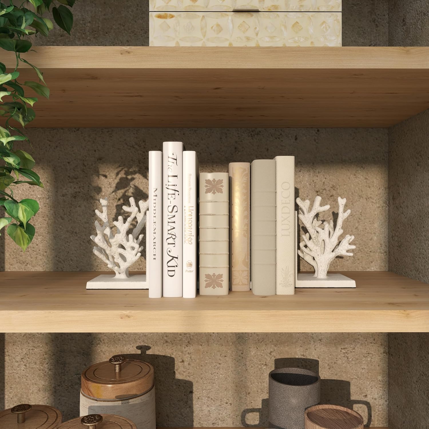 Metal Coral Decorative Bookends Non Skid Bookends / White / SMALL SIZE / 7 Inch / Set of 2