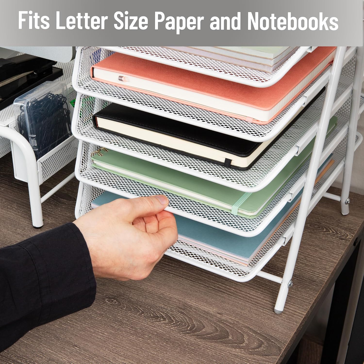 Mind Reader 5-Tier Paper Tray Organizer, White | Vertical Desktop File Storage Rack, Office, Metal Mesh