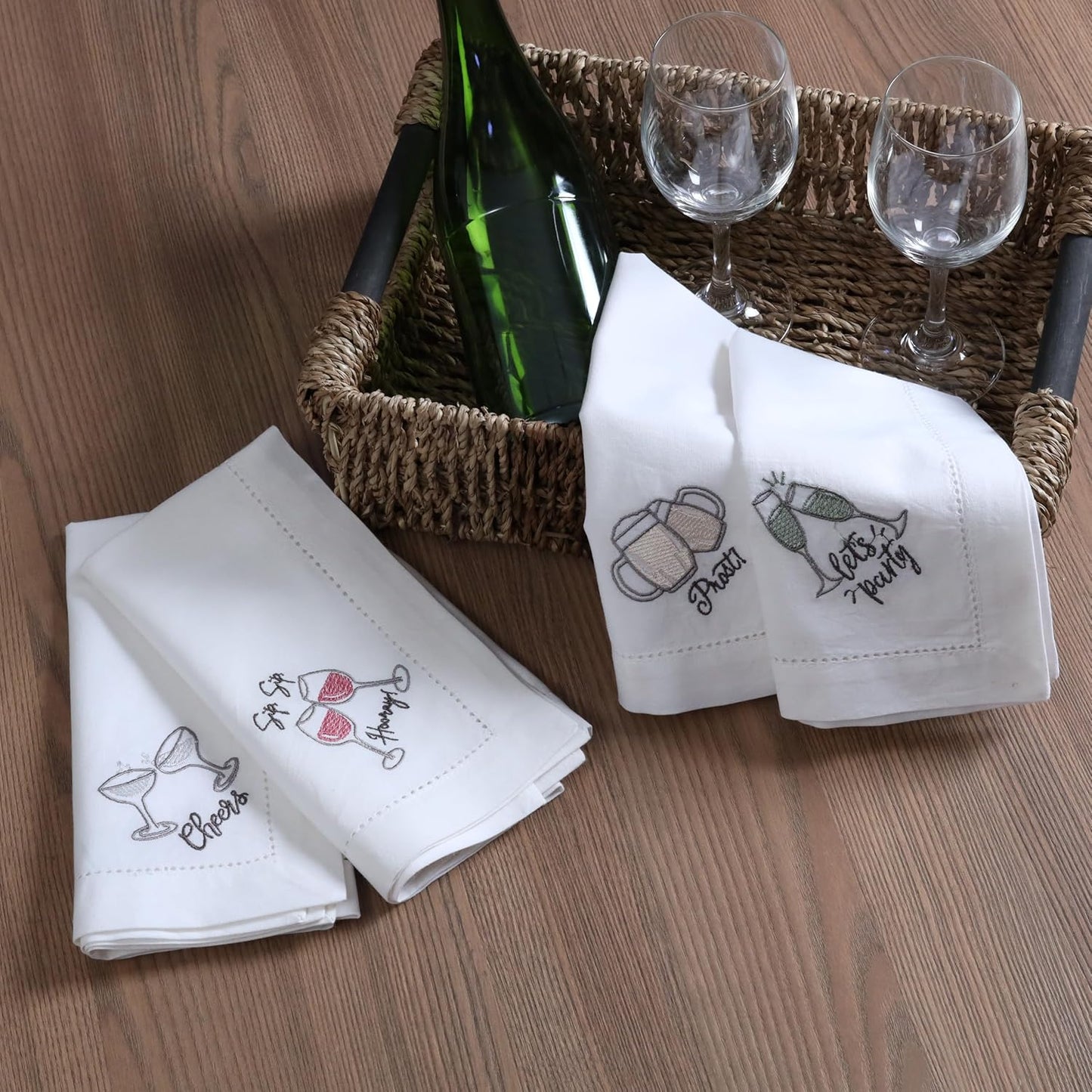 Bedding Craft Cotton Cloth Dinner Napkins Set of 12 – 18x18 Embroidered Motif with Decorative Hemstitch – Machine